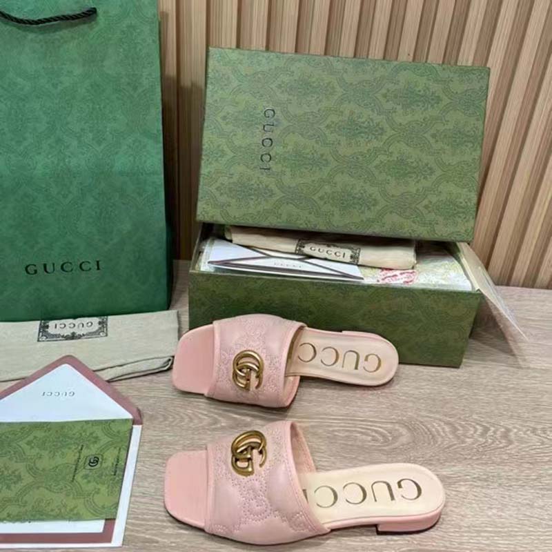 G*u*i women gg matelassé slide sandal beige double g square toe flat