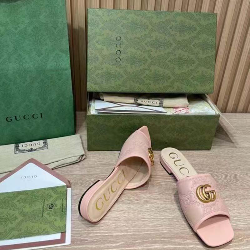 G*u*i women gg matelassé slide sandal beige double g square toe flat