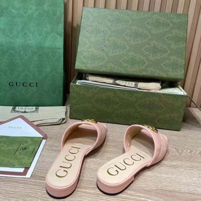 G*u*i women gg matelassé slide sandal beige double g square toe flat