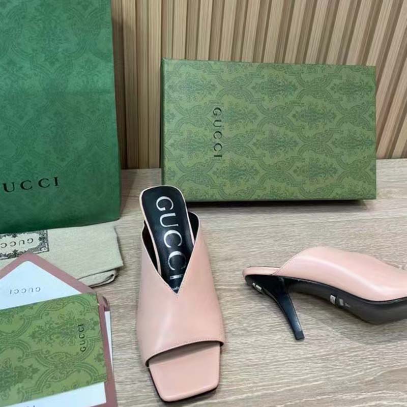 G*u*i women gg mid-heel open toe pump light pink leather square toe