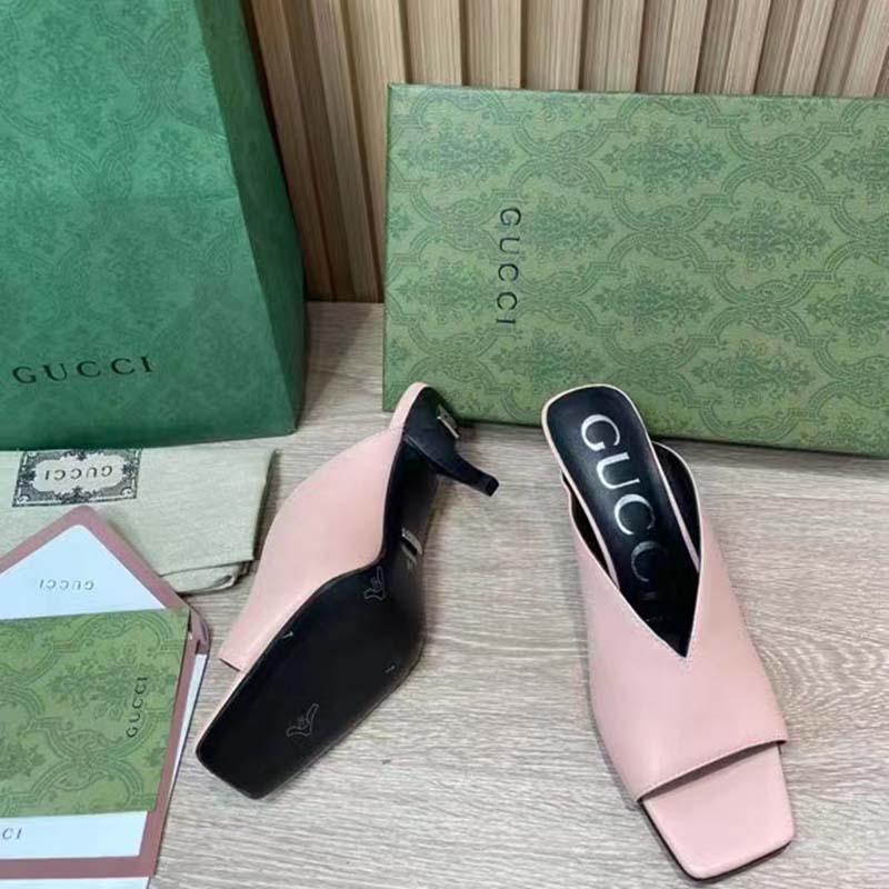 G*u*i women gg mid-heel open toe pump light pink leather square toe