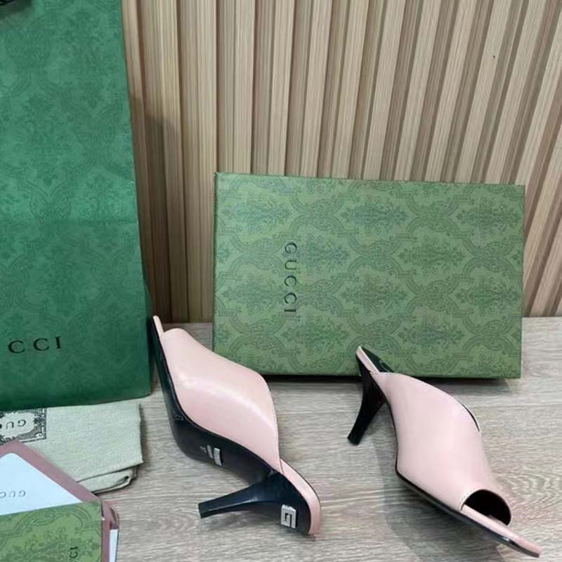 G*u*i women gg mid-heel open toe pump light pink leather square toe