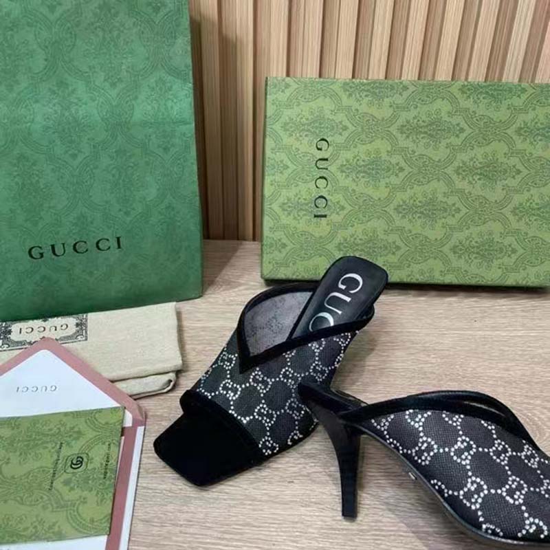 G*u*i women gg sandal black mesh gg crystals square toe mid-heel