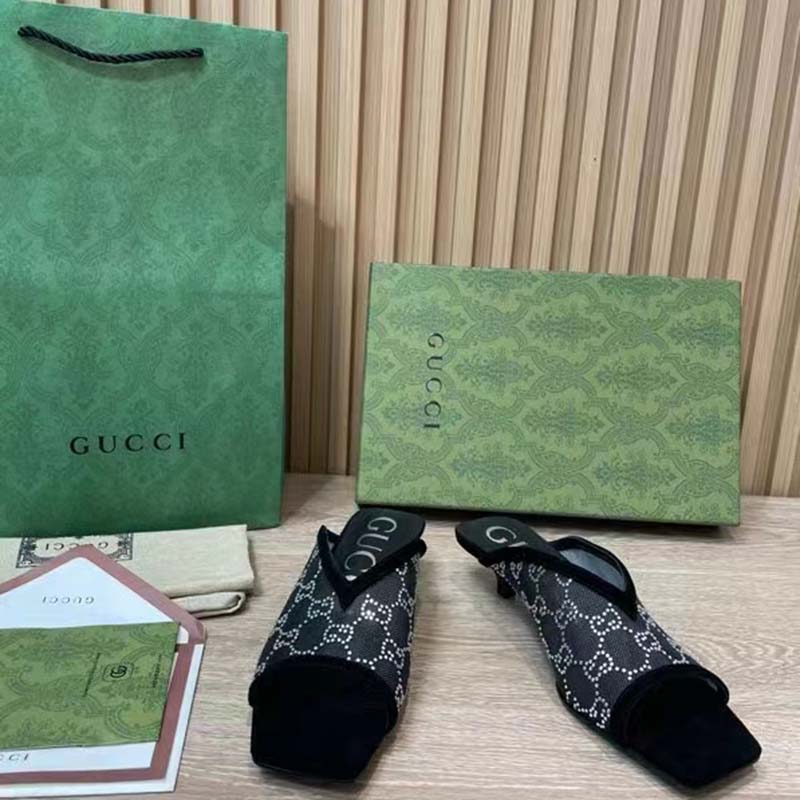 G*u*i women gg sandal pump black mesh gg crystals mid 8 cm heel