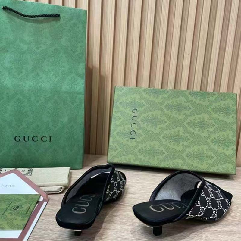 G*u*i women gg sandal pump black mesh gg crystals mid 8 cm heel
