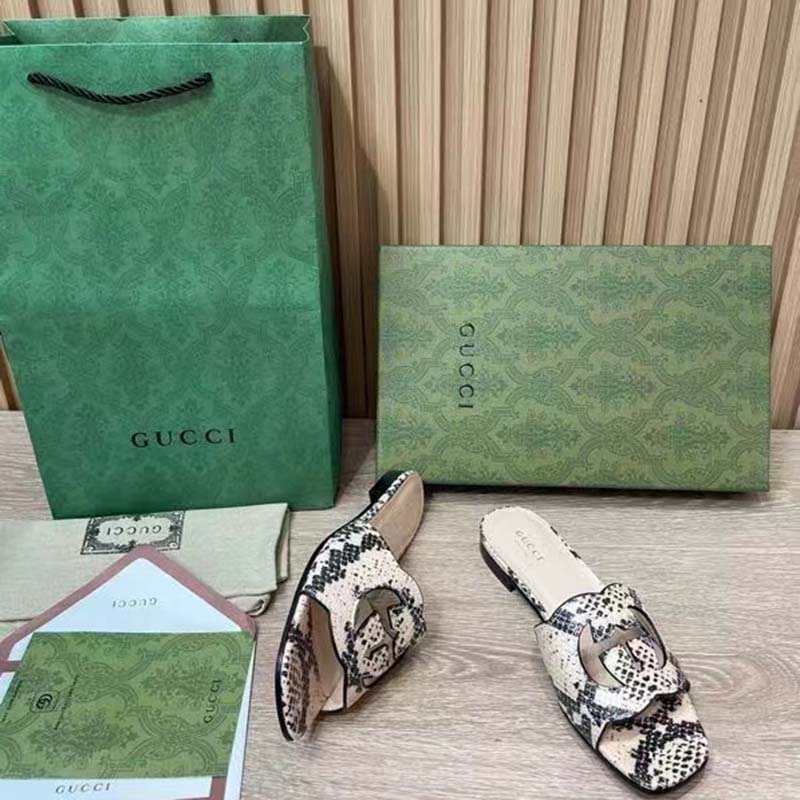 G*u*i women interlocking g cut out slide sandal beige black python print leather flat