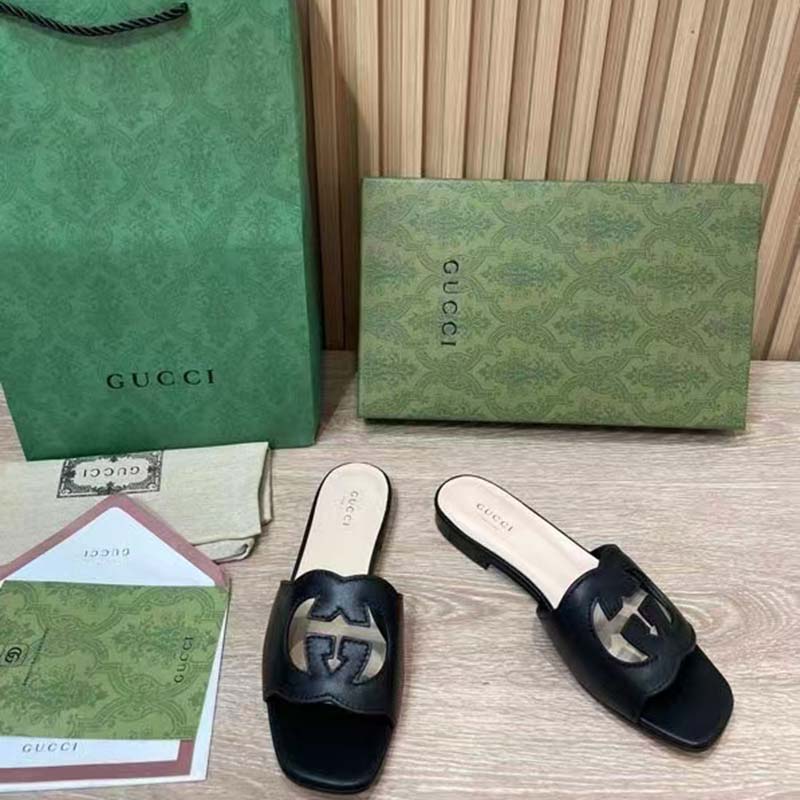 G*u*i women interlocking g cut out slide sandal black leather flat