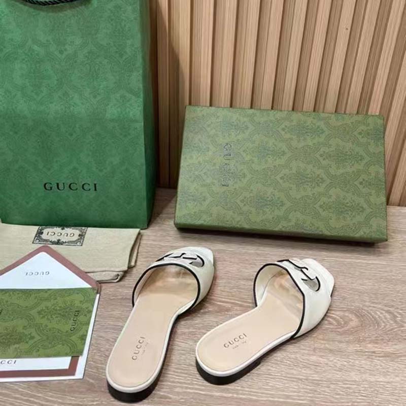 G*u*i women interlocking g cut out slide sandal white leather flat