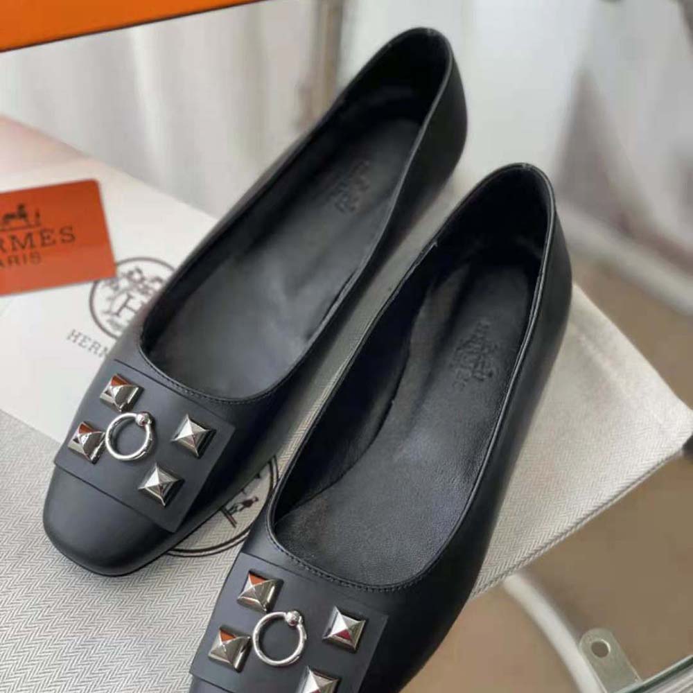 Hermes Women Danseuse Ballet Flat in Calfskin Leather-Black