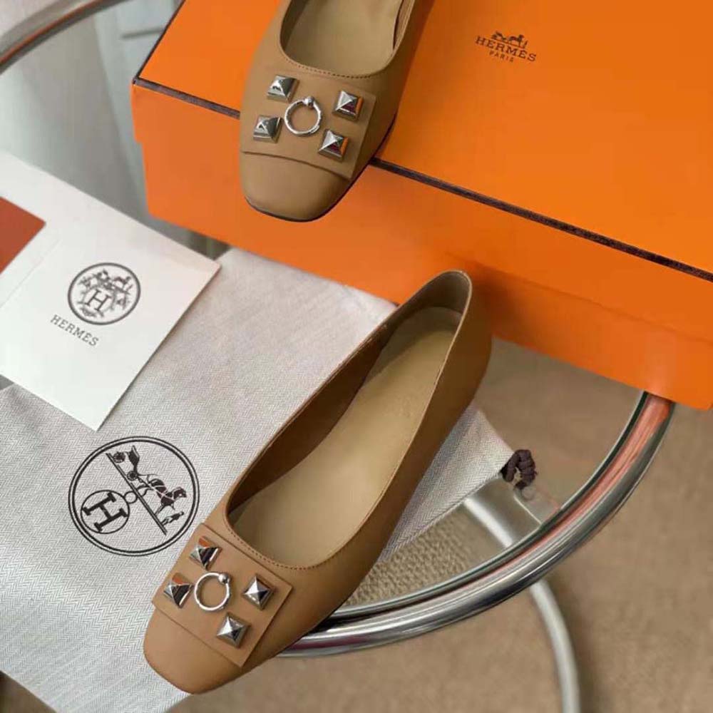 Hermes Women Danseuse Ballet Flat in Calfskin Leather-Brown