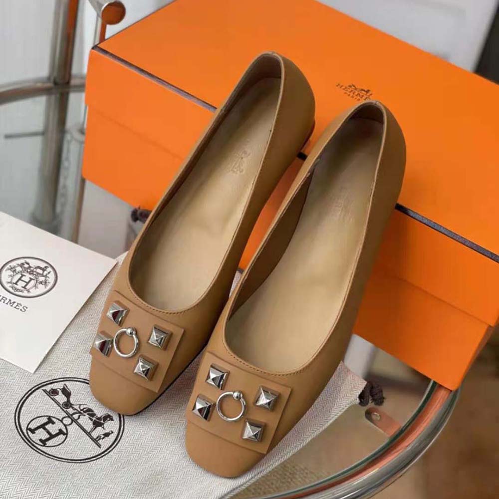 Hermes Women Danseuse Ballet Flat in Calfskin Leather-Brown
