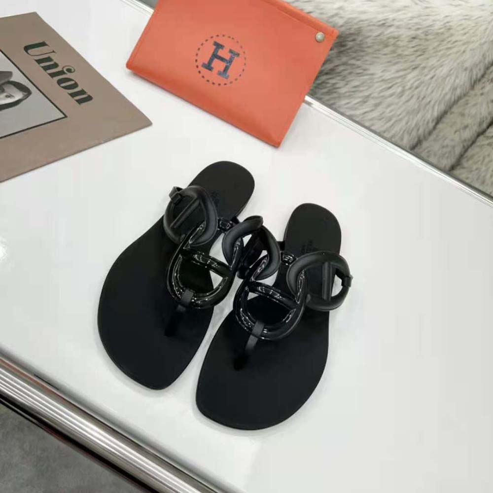 Hermes Women Egerie Sandal in Waterproof TPU with Chaine D Ancre Motif-Black