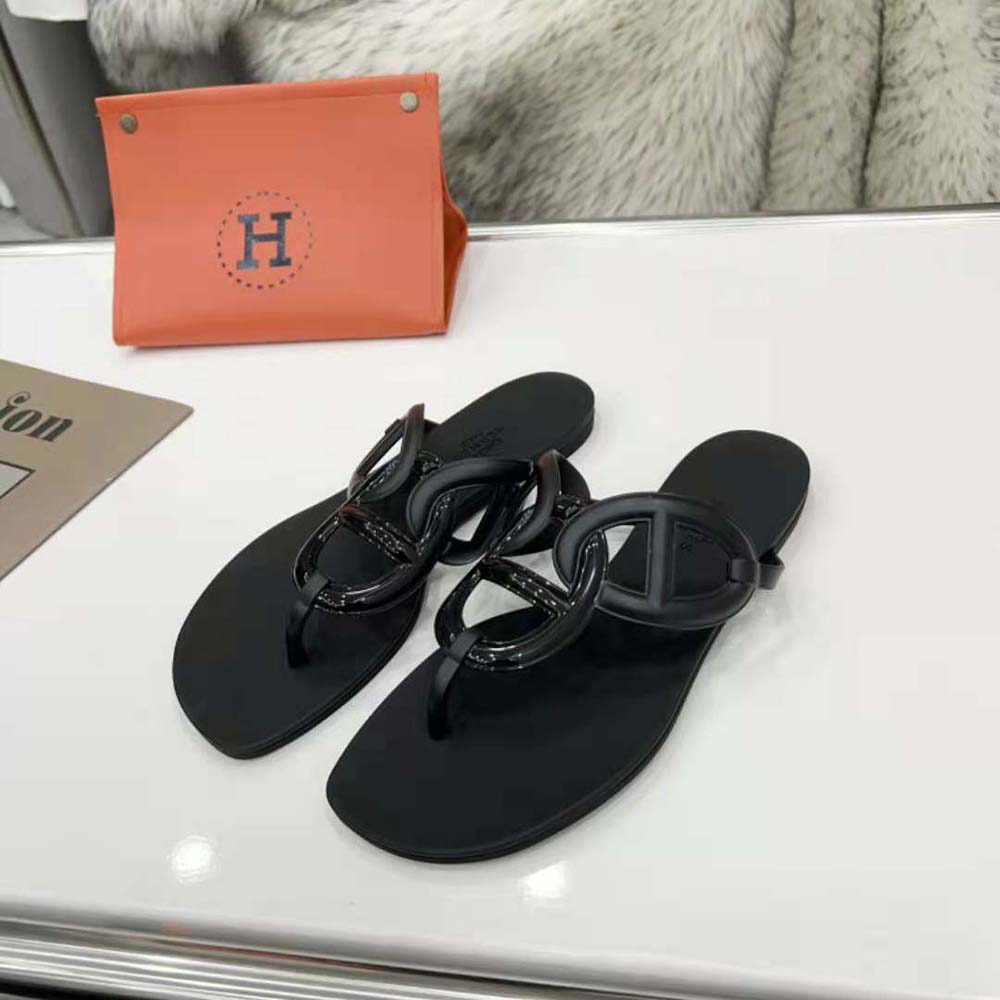 Hermes Women Egerie Sandal in Waterproof TPU with Chaine D Ancre Motif-Black
