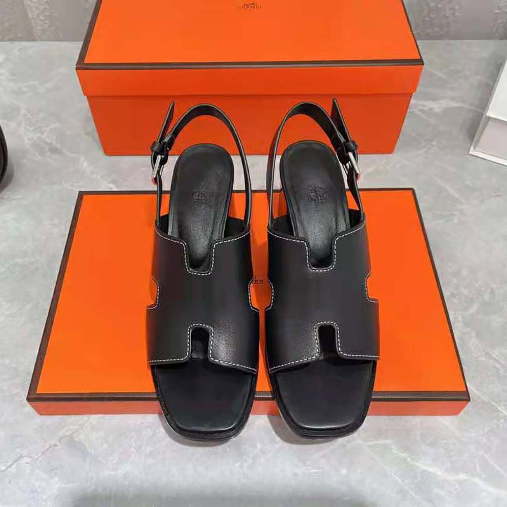 Hermes Women Elbe 60 Sandal in Calfskin Leather-Black
