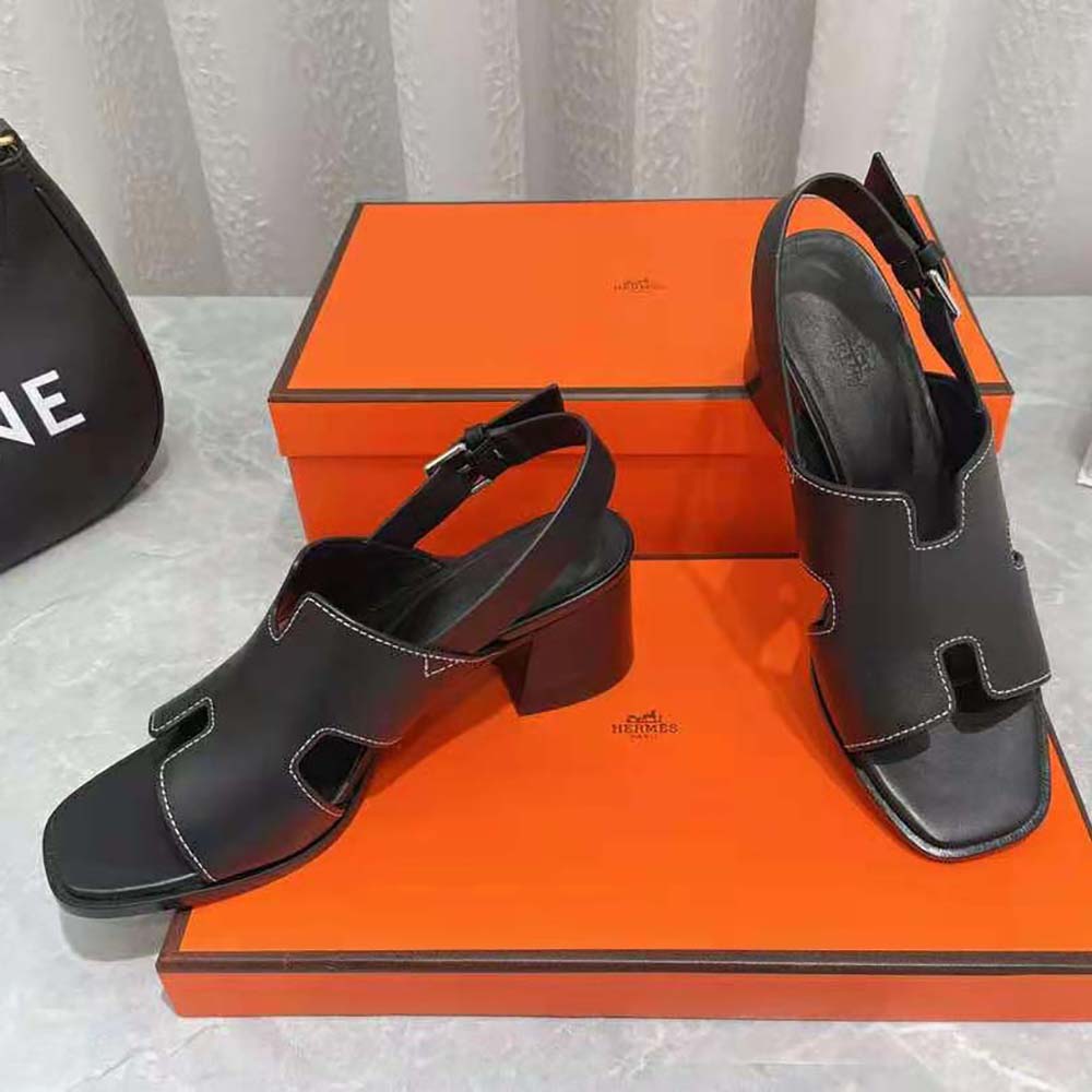 Hermes Women Elbe 60 Sandal in Calfskin Leather-Black