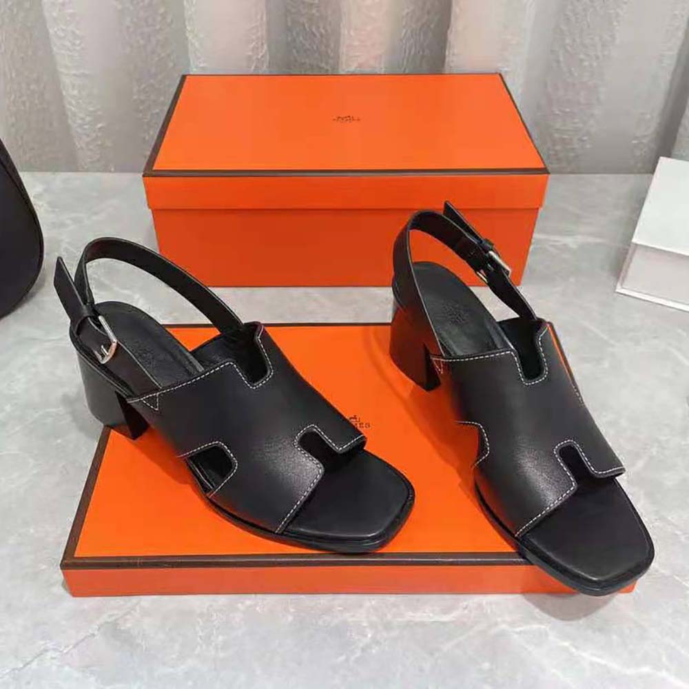 Hermes Women Elbe 60 Sandal in Calfskin Leather-Black