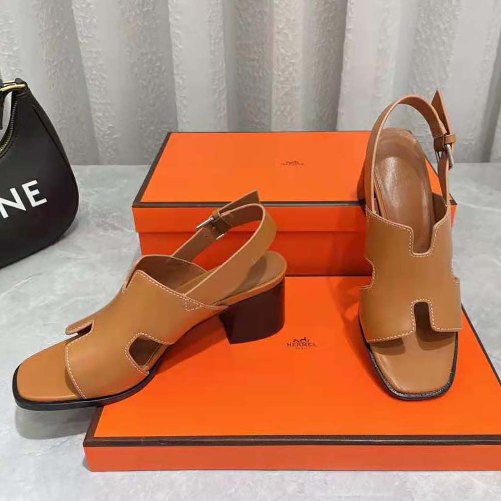 Hermes Women Elbe 60 Sandal in Calfskin with H Cut-Out Detail-Brown
