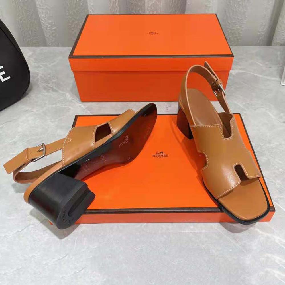 Hermes Women Elbe 60 Sandal in Calfskin with H Cut-Out Detail-Brown