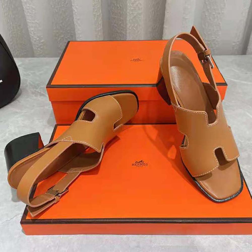 Hermes Women Elbe 60 Sandal in Calfskin with H Cut-Out Detail-Brown