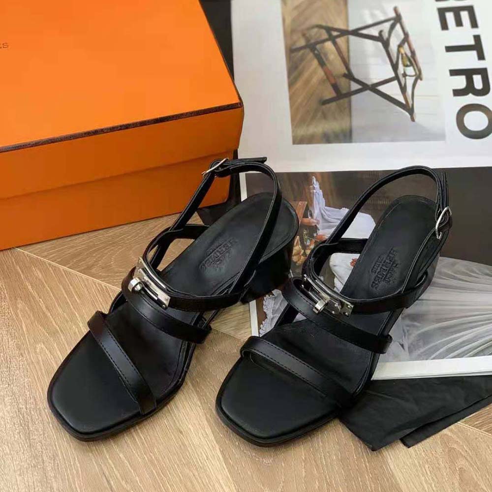 Hermes Women Eve 60 Sandal in Calfskin Leather-Black