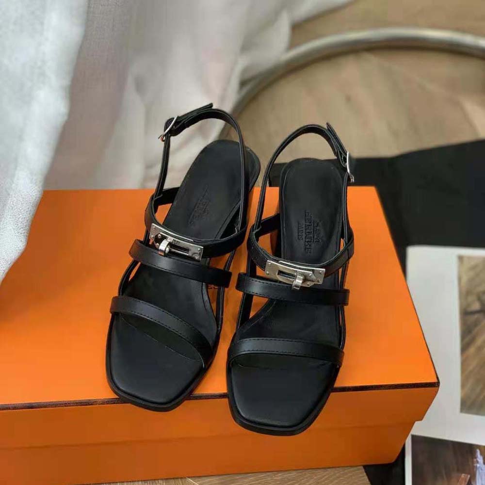 Hermes Women Eve 60 Sandal in Calfskin Leather-Black