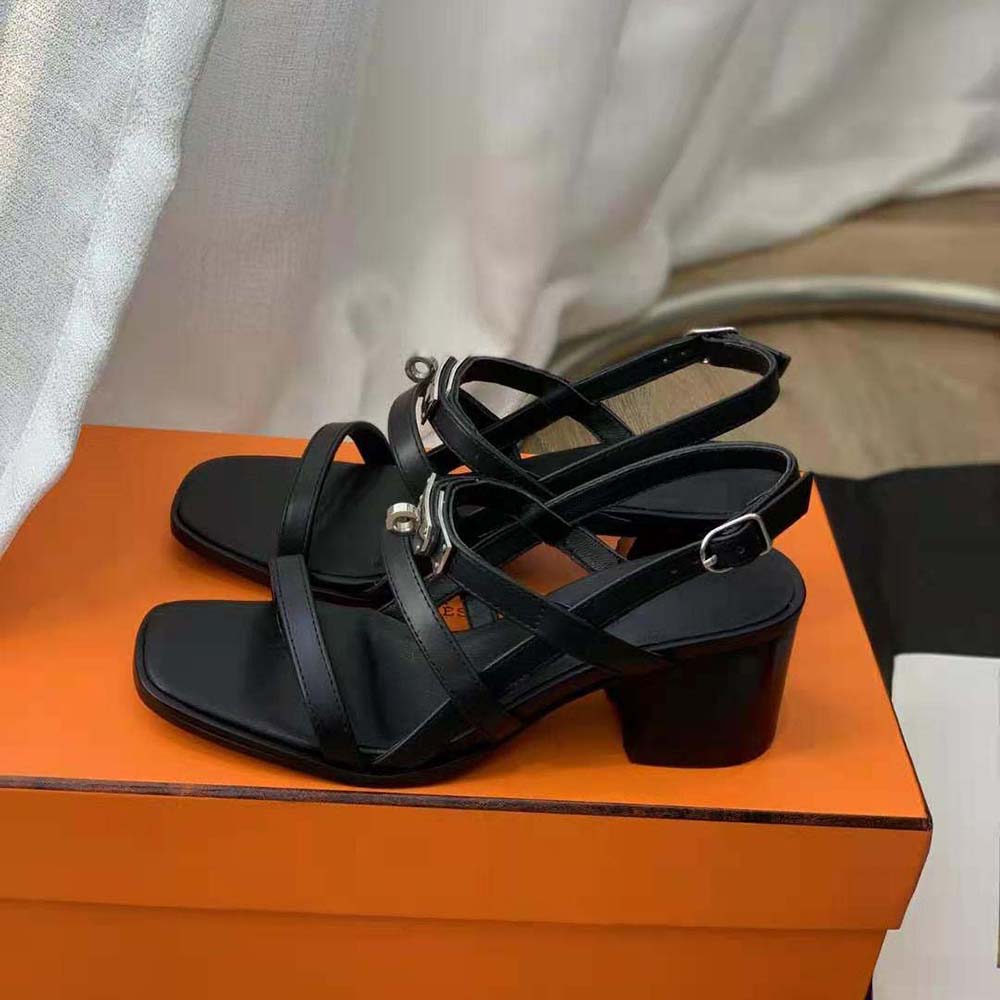 Hermes Women Eve 60 Sandal in Calfskin Leather-Black