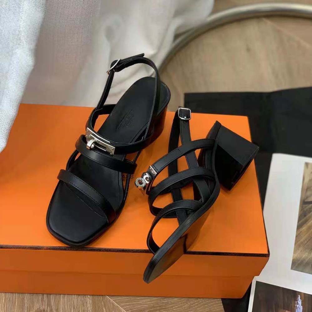 Hermes Women Eve 60 Sandal in Calfskin Leather-Black