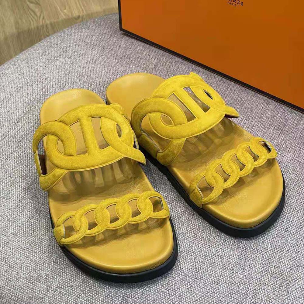 Hermes Women Extra Sandal in Suede Goatskin-Yellow