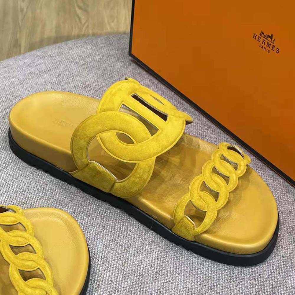 Hermes Women Extra Sandal in Suede Goatskin-Yellow