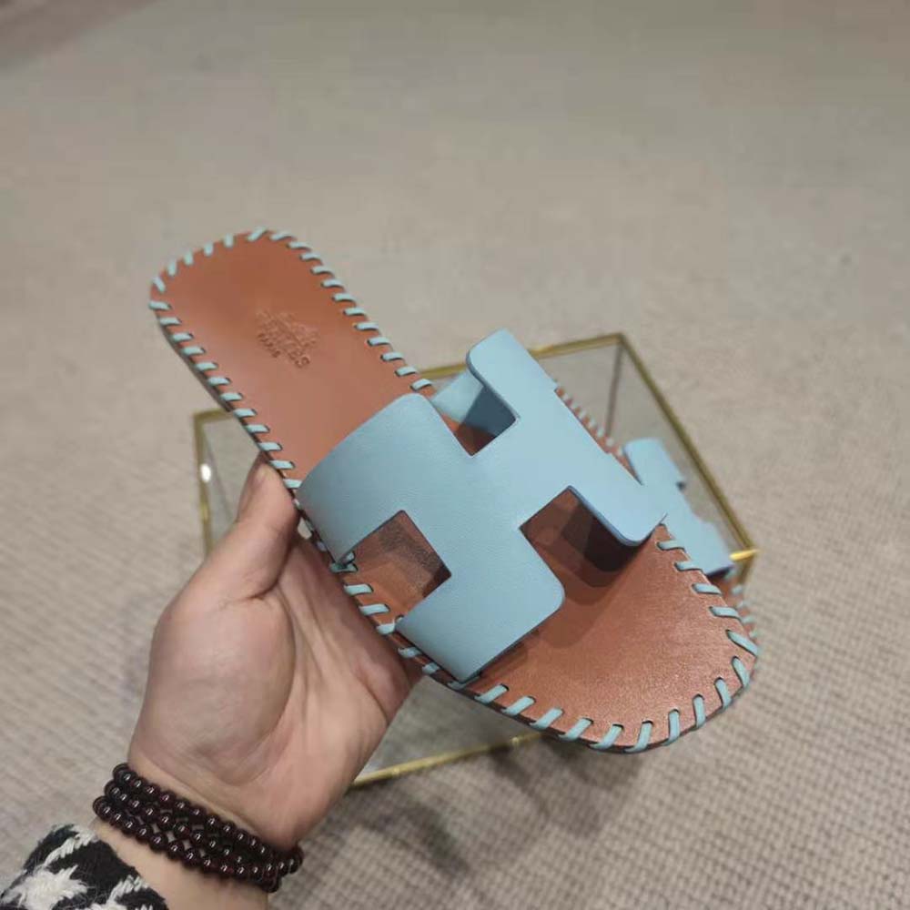 Hermes Women Oran Sandal in Braided Calfskin with Iconic H Cut-Out-Blue