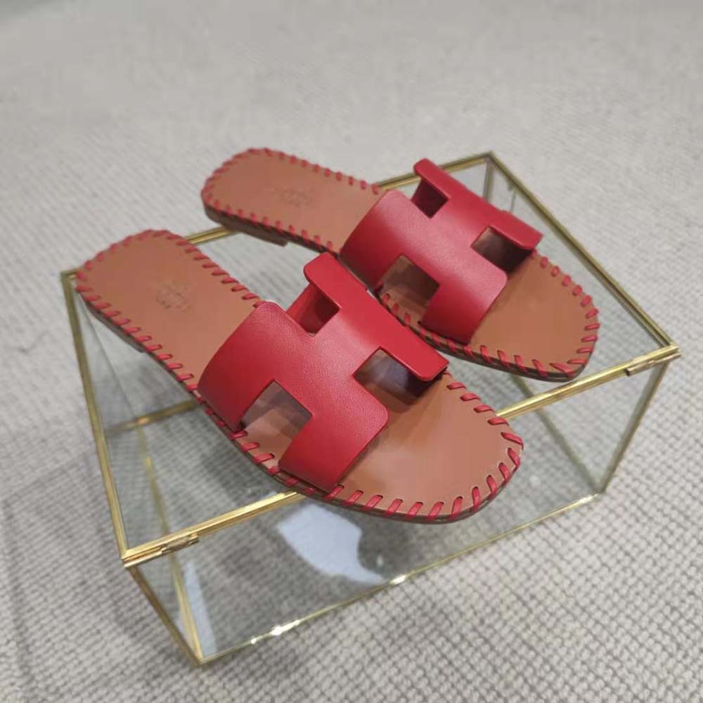 Hermes Women Oran Sandal in Braided Calfskin with Iconic H Cut-Out-Red