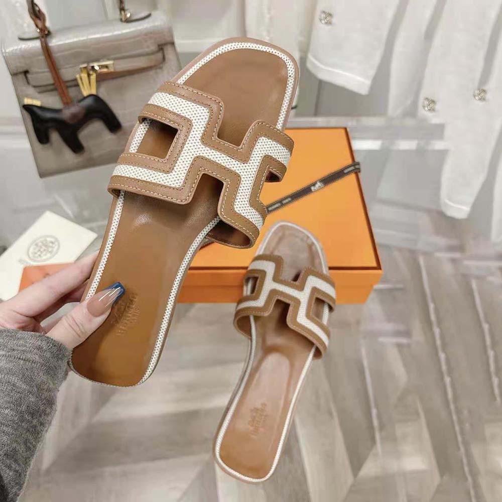 Hermes Women Oran Sandal in Calfskin and H Canvas with Iconic H Cut-Out-Brown