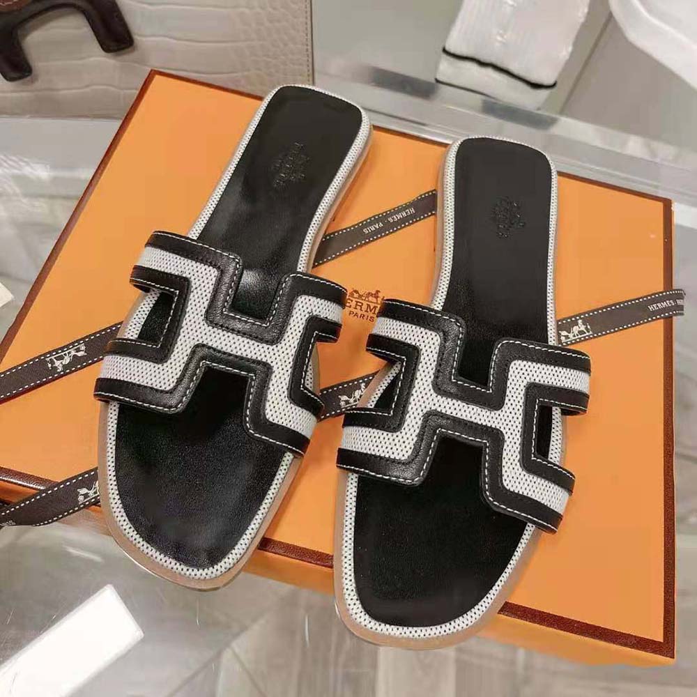 Hermes Women Oran Sandal in Calfskin and H Canvas with Iconic H Cut-Out-Black