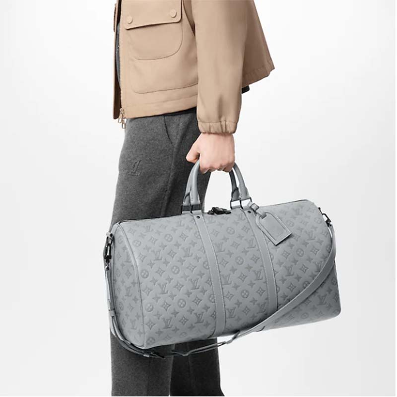Louis Vuitton LV Unisex Keepall 50B Anthracite Gray Monogram Shadow Calf Leather