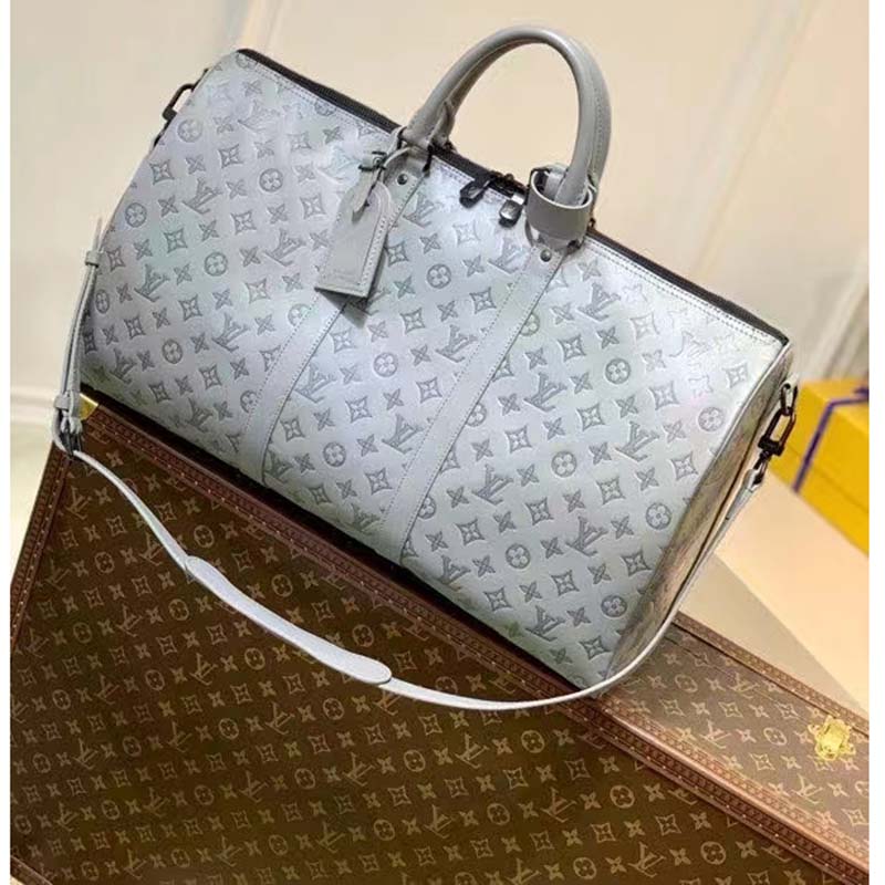 Louis Vuitton LV Unisex Keepall 50B Anthracite Gray Monogram Shadow Calf Leather