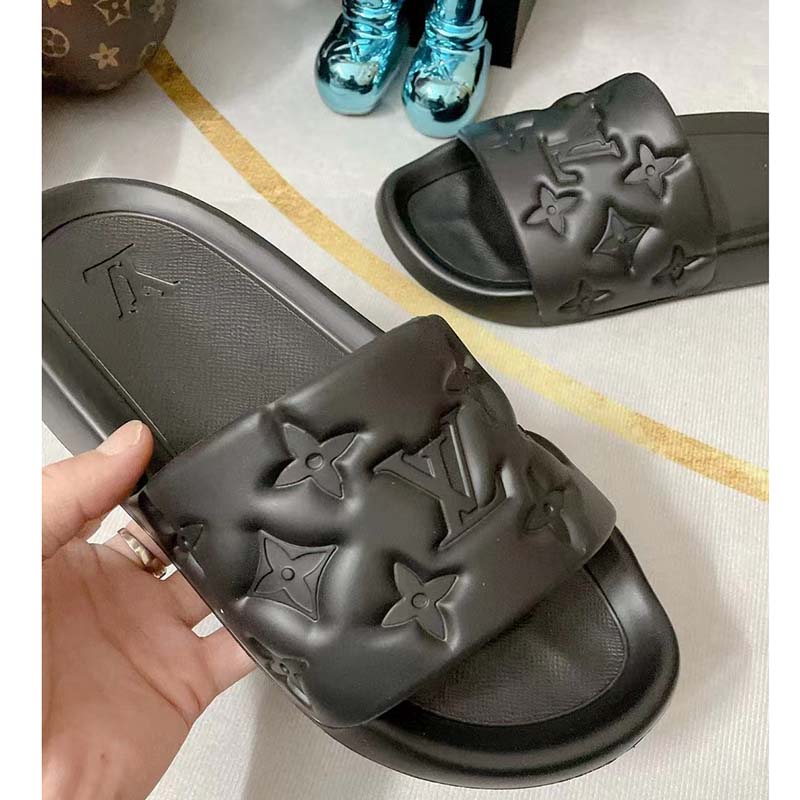 Louis Vuitton LV Unisex Waterfront Mule Black Monogram Embossed Rubber Waterproof