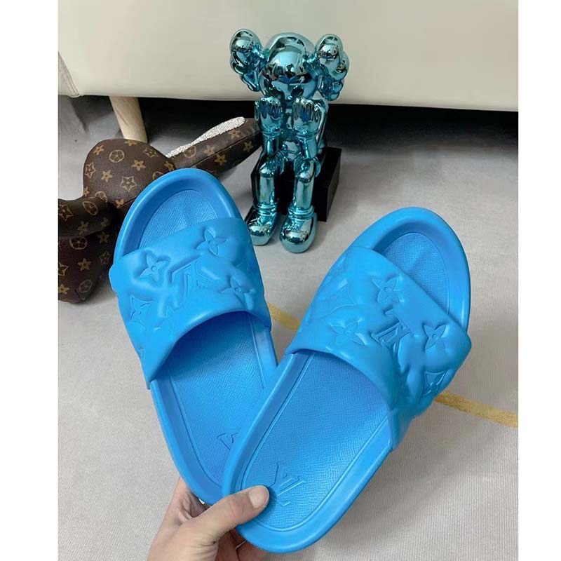 Louis Vuitton LV Unisex Waterfront Mule Blue Monogram Embossed Rubber Waterproof