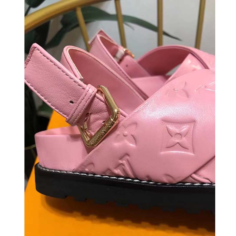 Louis Vuitton LV Women Paseo Flat Comfort Sandal Pink Monogram Embossed Lambskin