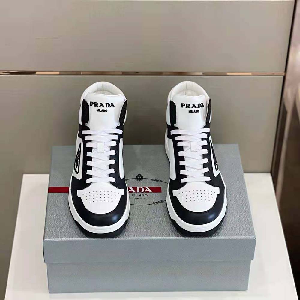 Prada Men Sporty Leather High-Top Sneakers-Black