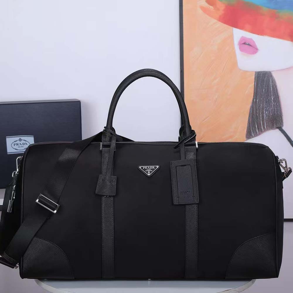 Prada Unisex Re-Nylon Saffiano Leather Handles Duffle Black Bag
