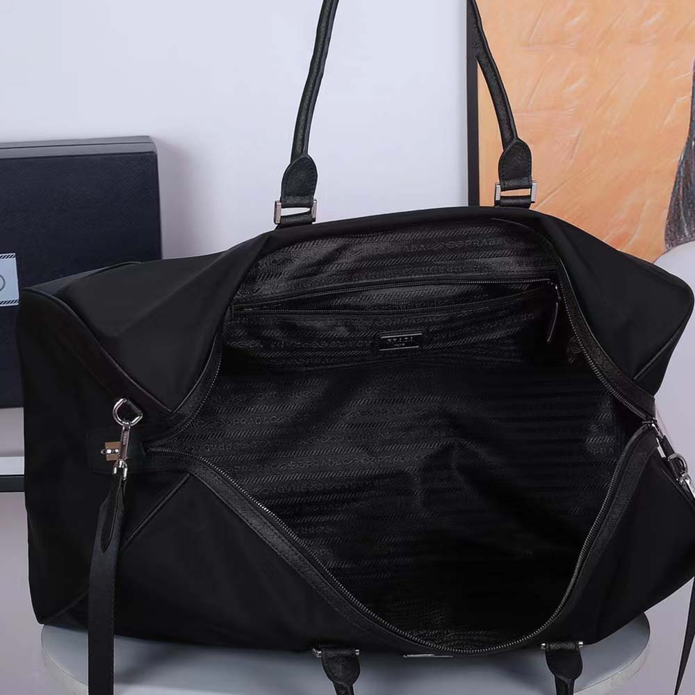Prada Unisex Re-Nylon Saffiano Leather Handles Duffle Black Bag