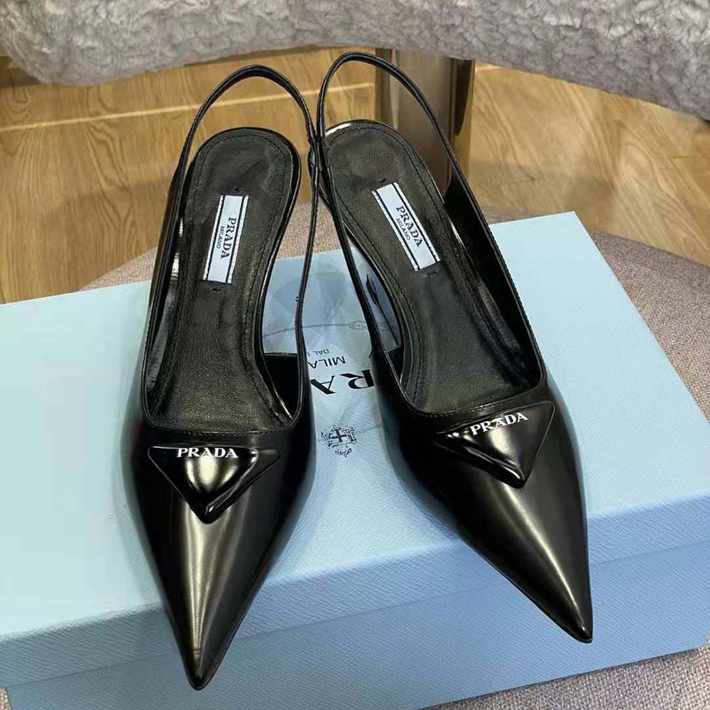 Prada Women Brushed Leather Slingback Pumps in 65mm Heel-Black
