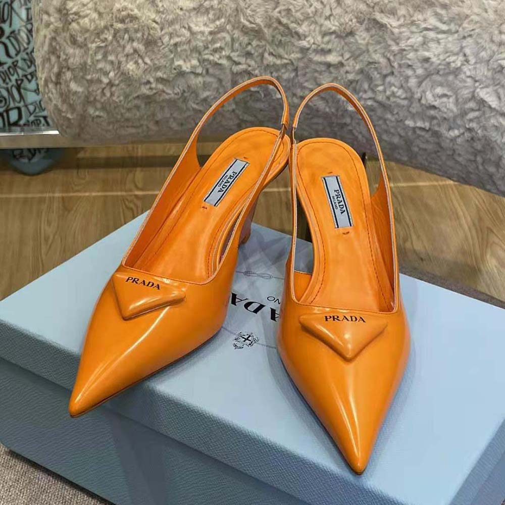 Prada Women Brushed Leather Slingback Pumps in 65mm Heel-Orange