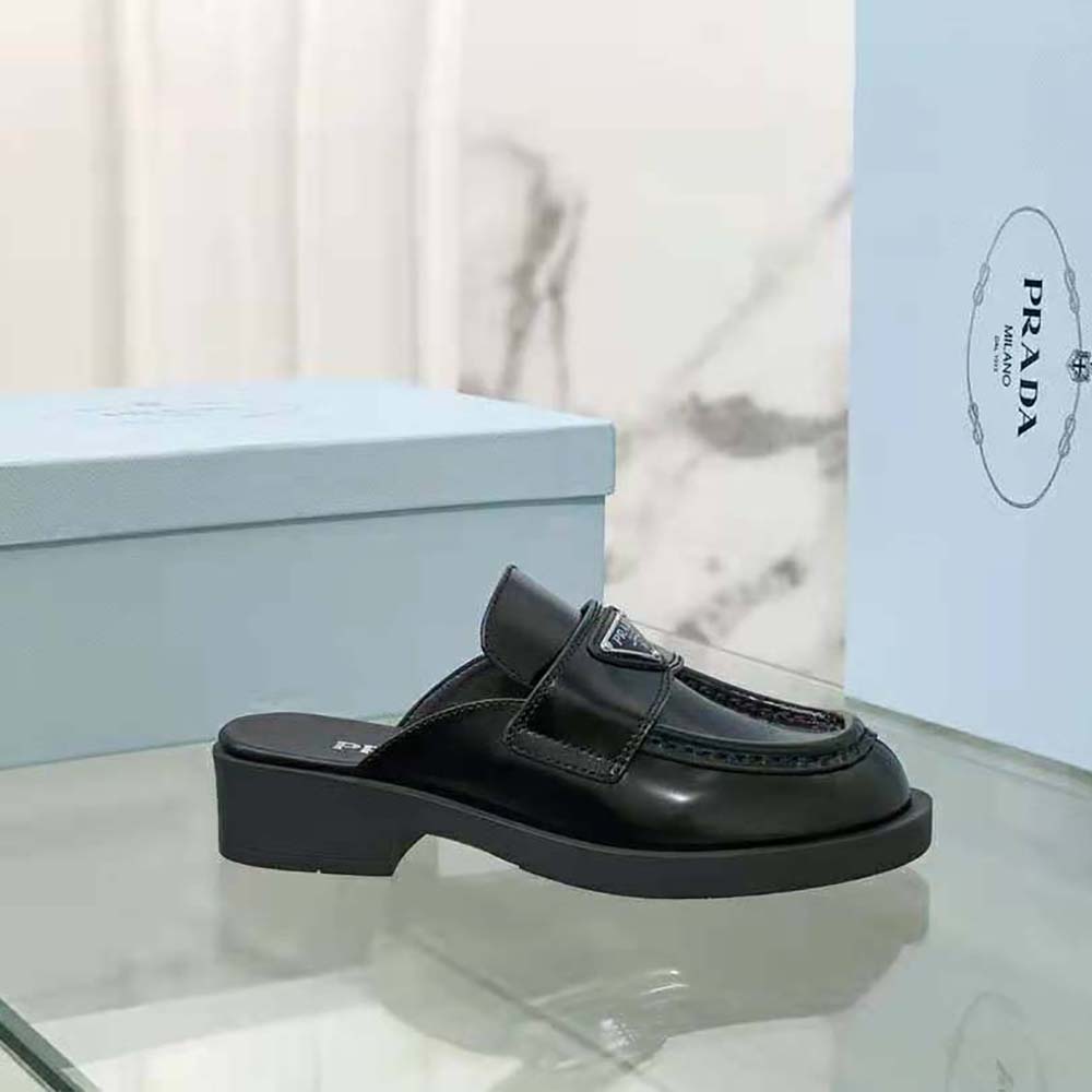 Prada Women Chocolate Brushed Leather Mules-Black