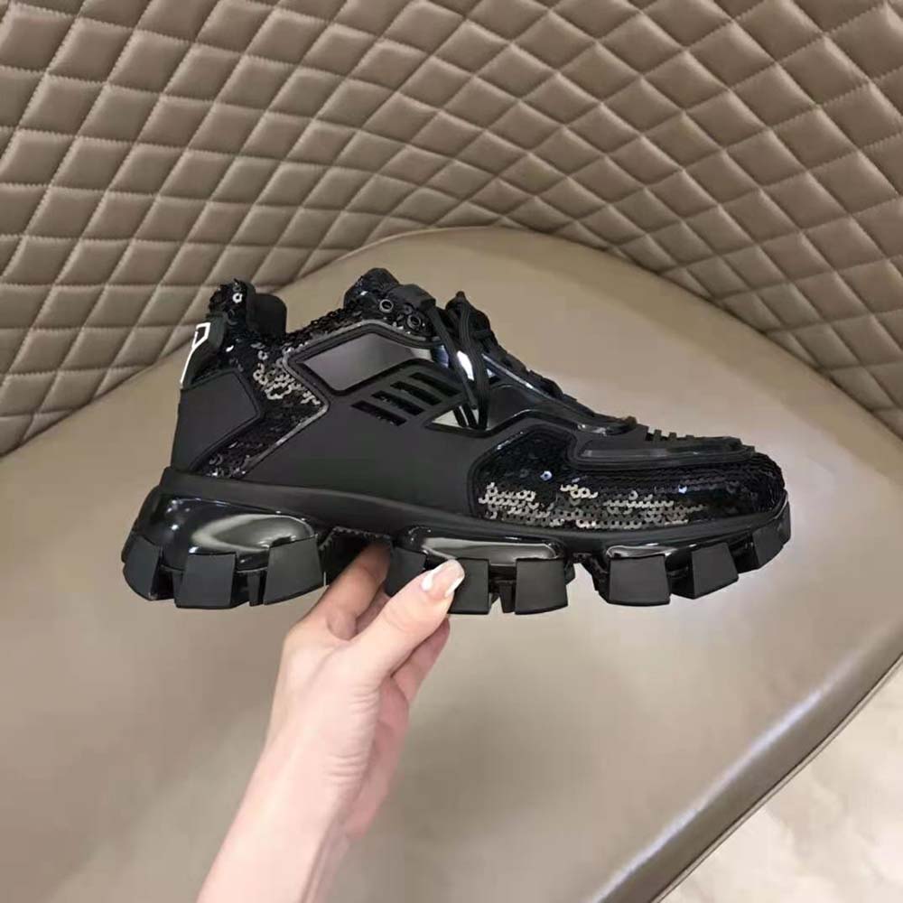 Prada Women Cloudbust Thunder Sequined Sneakers-Black