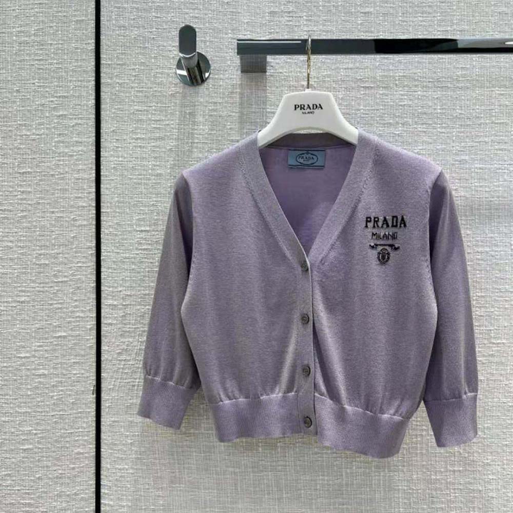 Prada Women Cropped Lurex Cardigan with Intarsia Logo-Purple