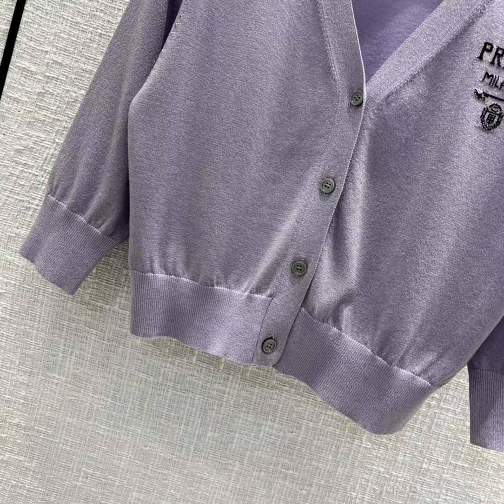 Prada Women Cropped Lurex Cardigan with Intarsia Logo-Purple