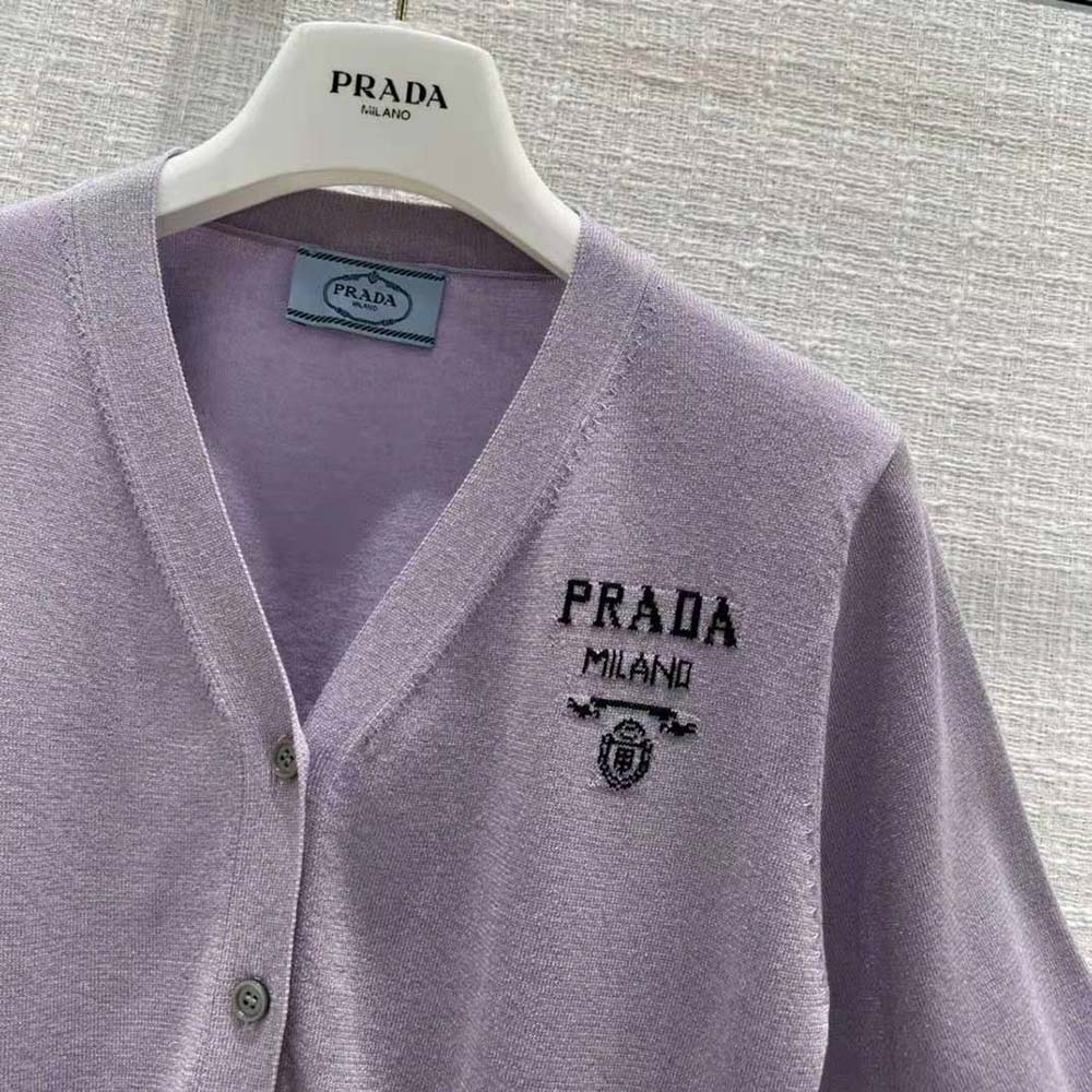 Prada Women Cropped Lurex Cardigan with Intarsia Logo-Purple