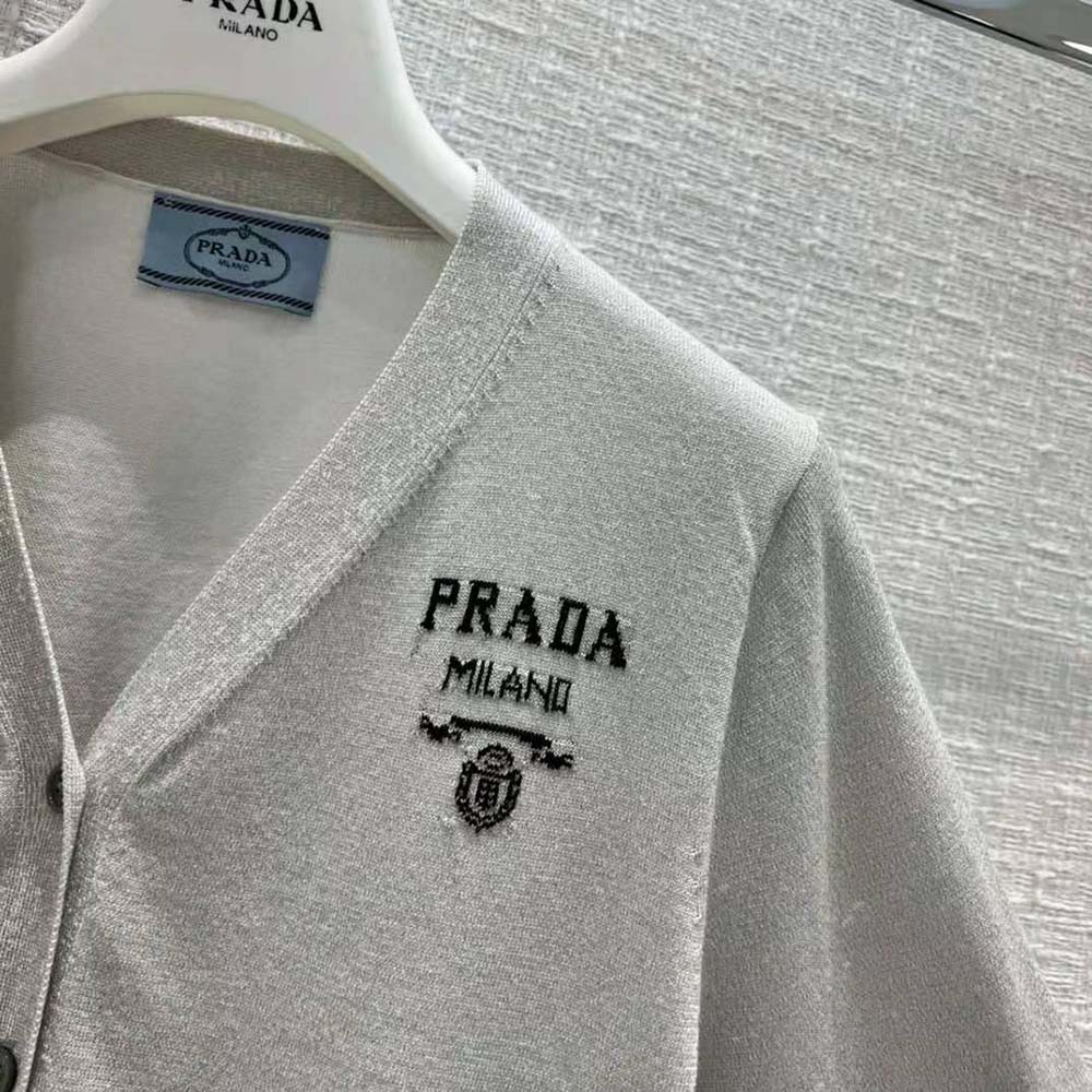 Prada Women Cropped Lurex Cardigan with Intarsia Logo-Silver