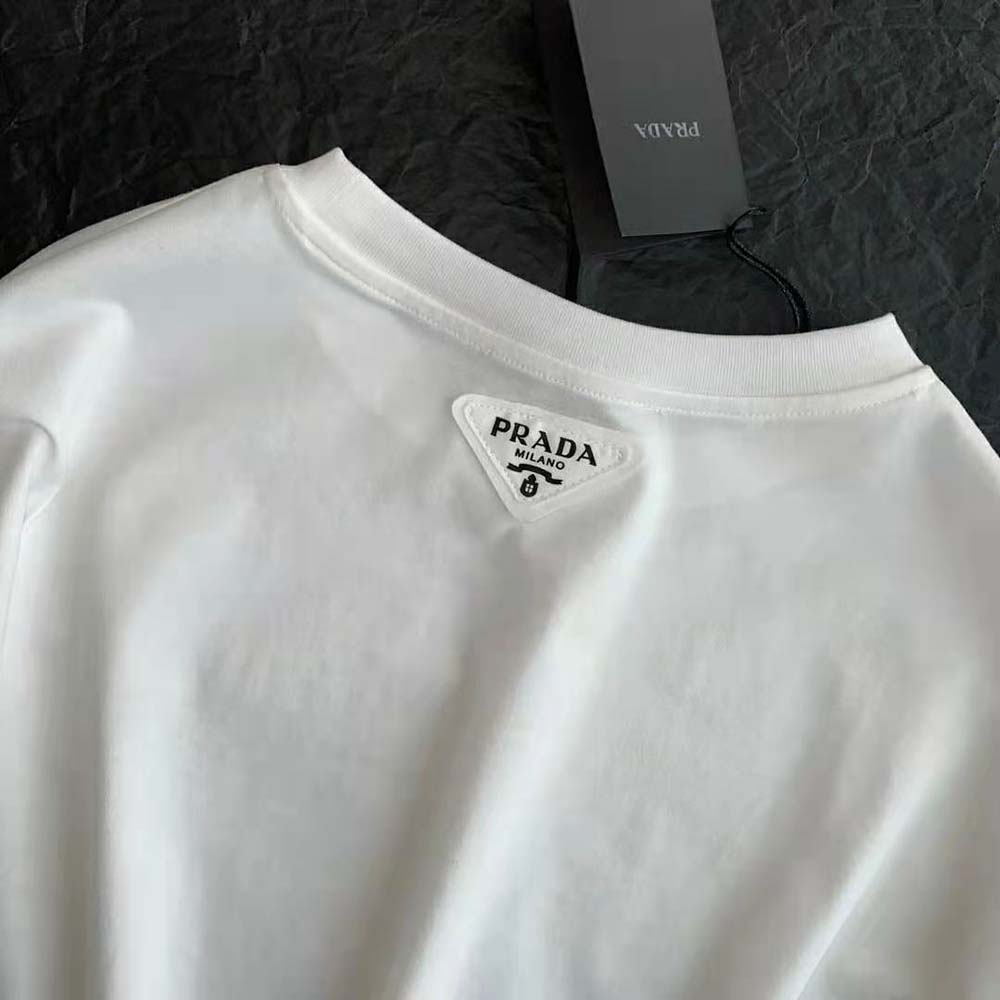 Prada Women Cropped Printed Jersey T-Shirt-White